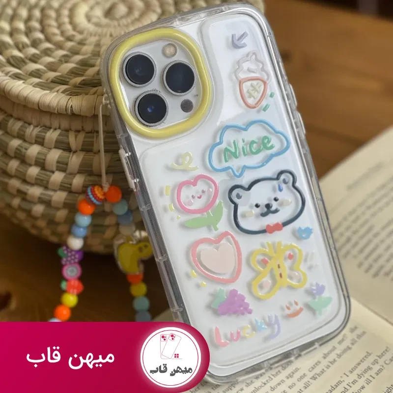 قاب موبایل آیفون خرس و پروانه نقاشی + بندست کوتاه