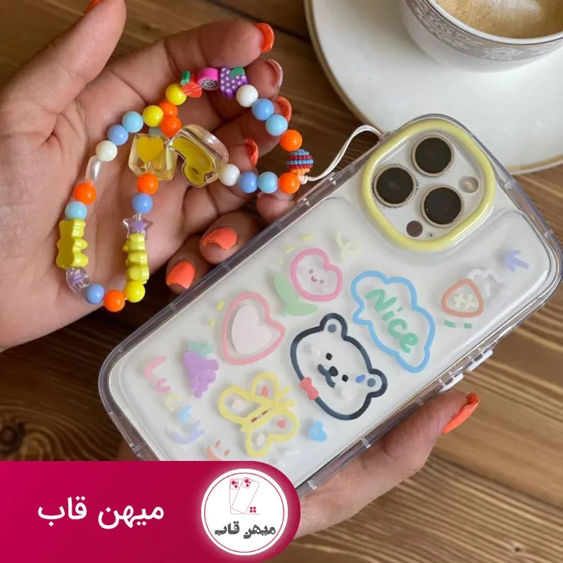 قاب موبایل آیفون خرس و پروانه نقاشی + بندست کوتاه