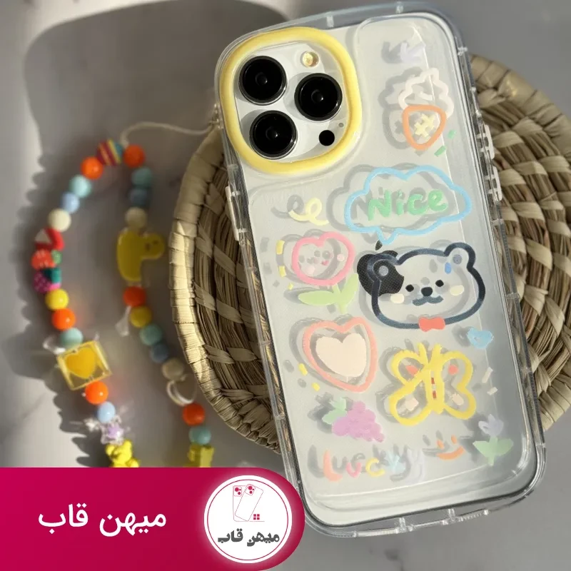 قاب موبایل آیفون خرس و پروانه نقاشی + بندست کوتاه