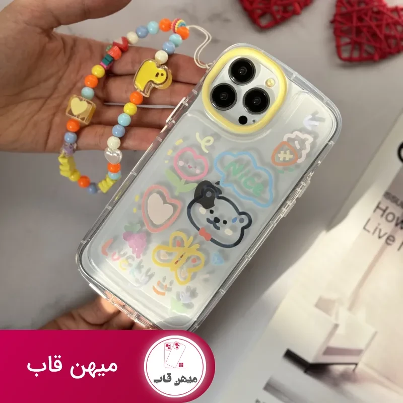 قاب موبایل آیفون خرس و پروانه نقاشی + بندست کوتاه