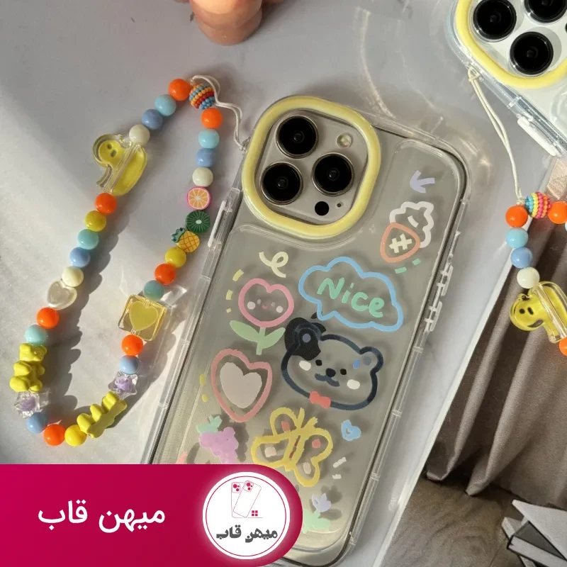 قاب موبایل آیفون خرس و پروانه نقاشی + بندست کوتاه