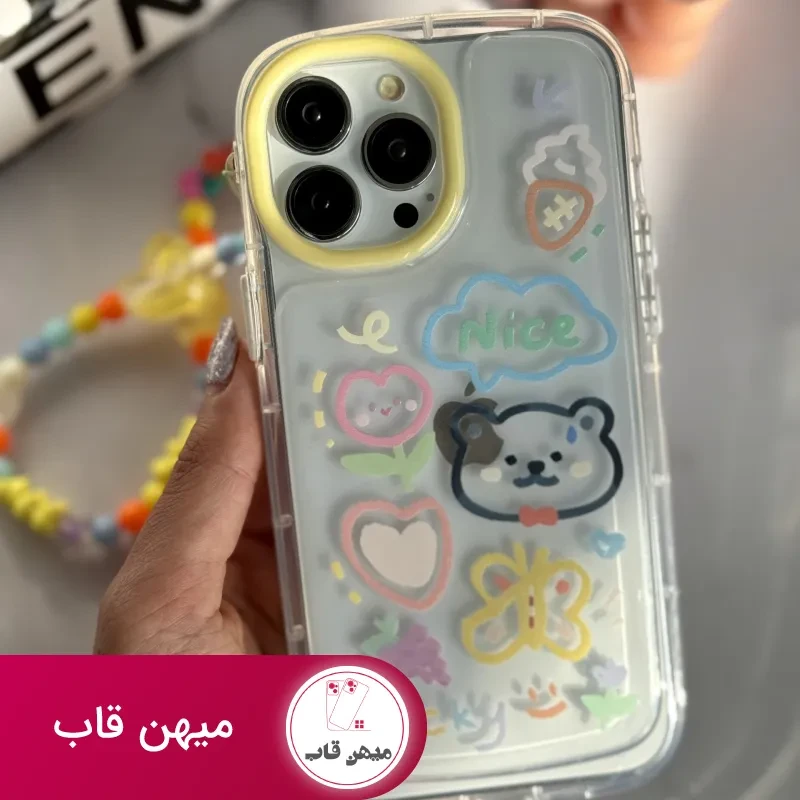 قاب موبایل آیفون خرس و پروانه نقاشی + بندست کوتاه