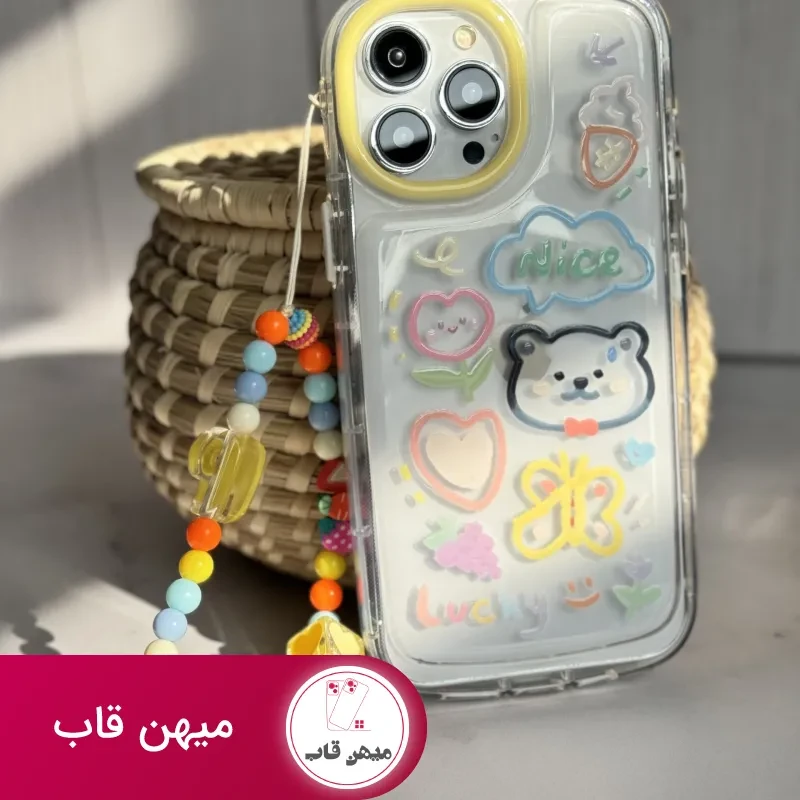 قاب موبایل آیفون خرس و پروانه نقاشی + بندست کوتاه