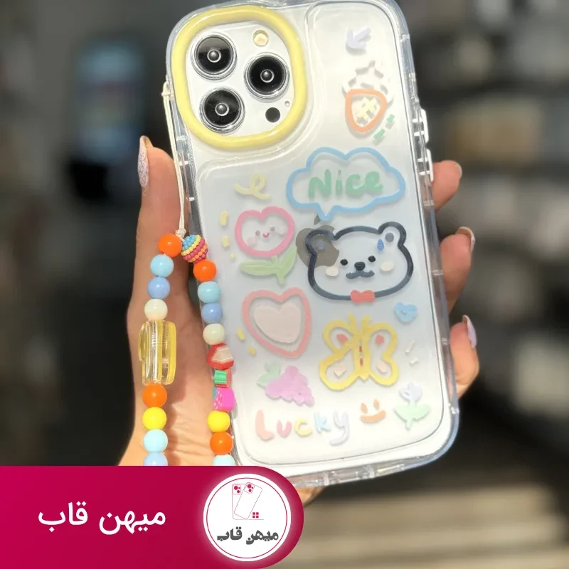 قاب موبایل آیفون خرس و پروانه نقاشی + بندست کوتاه