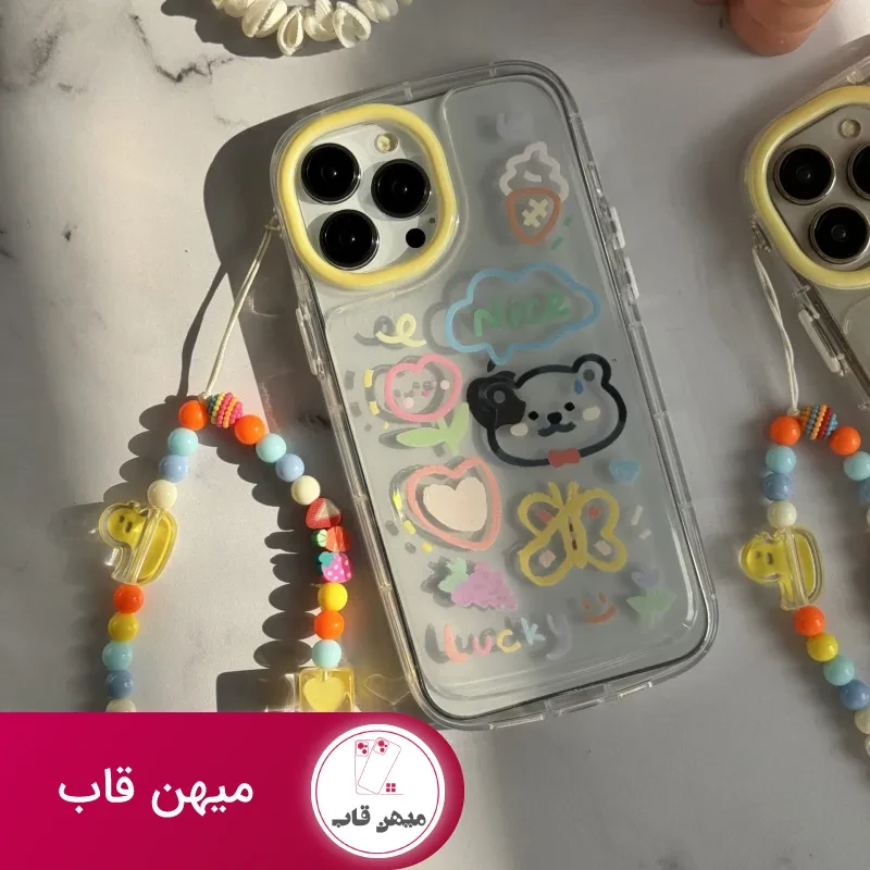 قاب موبایل آیفون خرس و پروانه نقاشی + بندست کوتاه