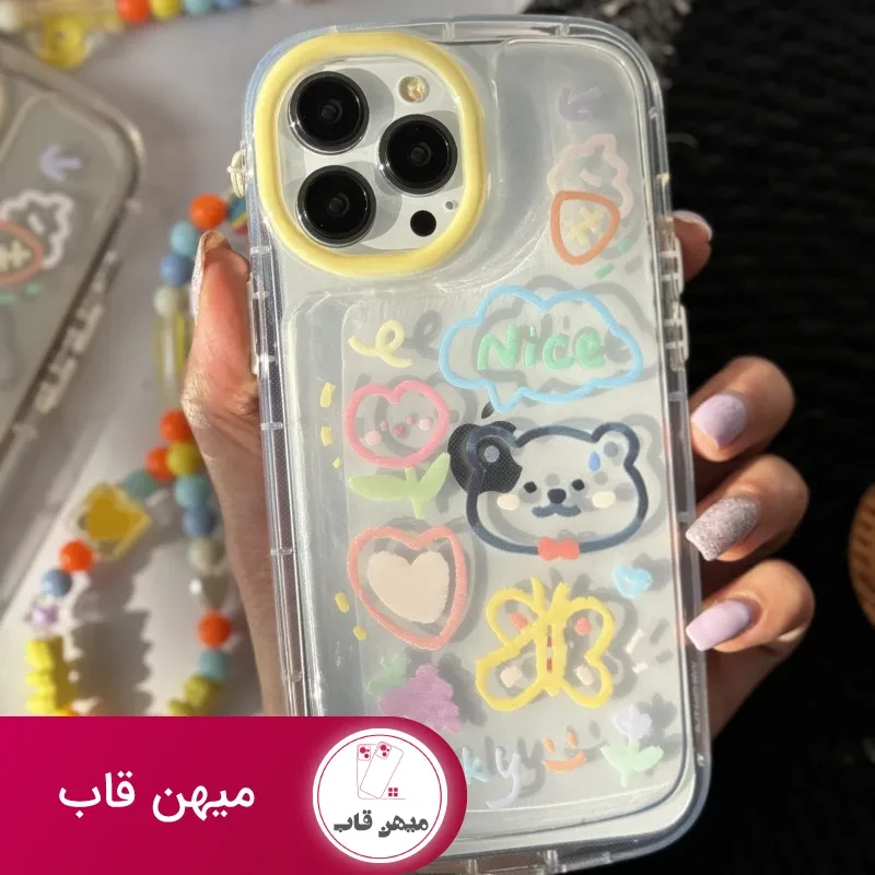 قاب موبایل آیفون خرس و پروانه نقاشی + بندست کوتاه