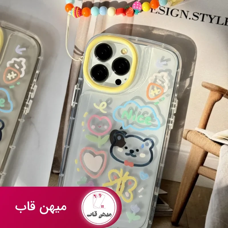 قاب موبایل آیفون خرس و پروانه نقاشی + بندست کوتاه