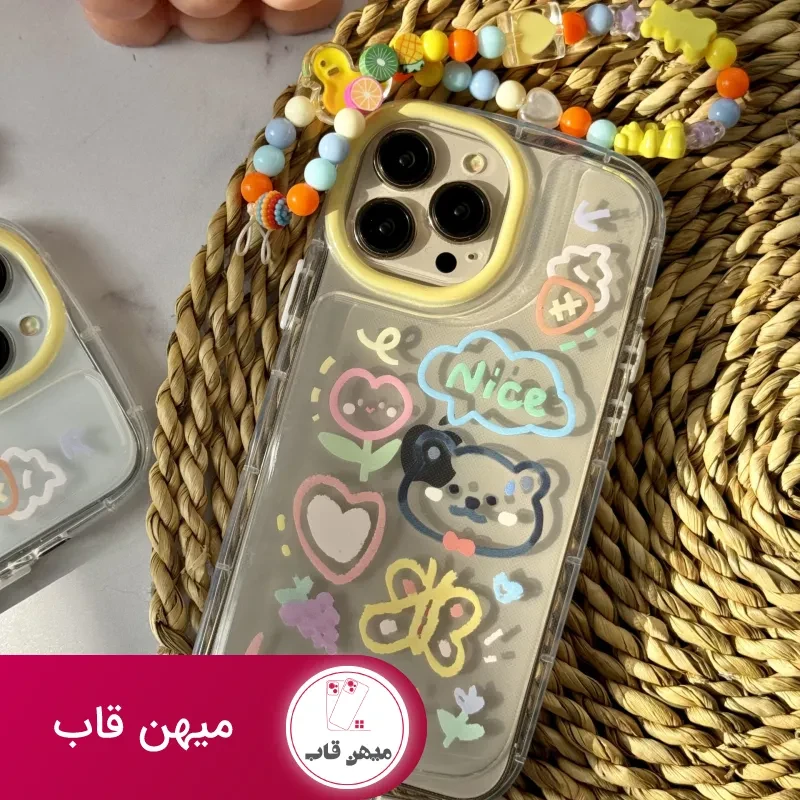 قاب موبایل آیفون خرس و پروانه نقاشی + بندست کوتاه
