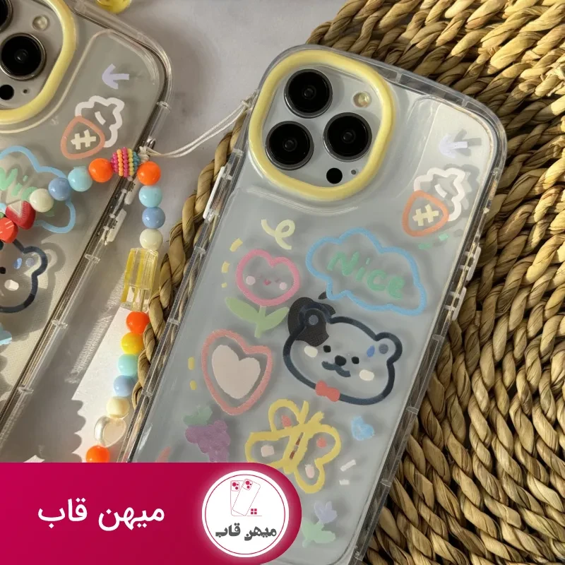 قاب موبایل آیفون خرس و پروانه نقاشی + بندست کوتاه