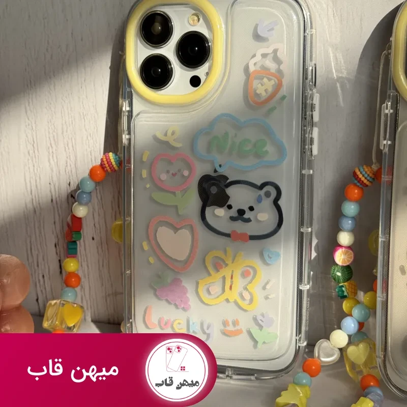 قاب موبایل آیفون خرس و پروانه نقاشی + بندست کوتاه