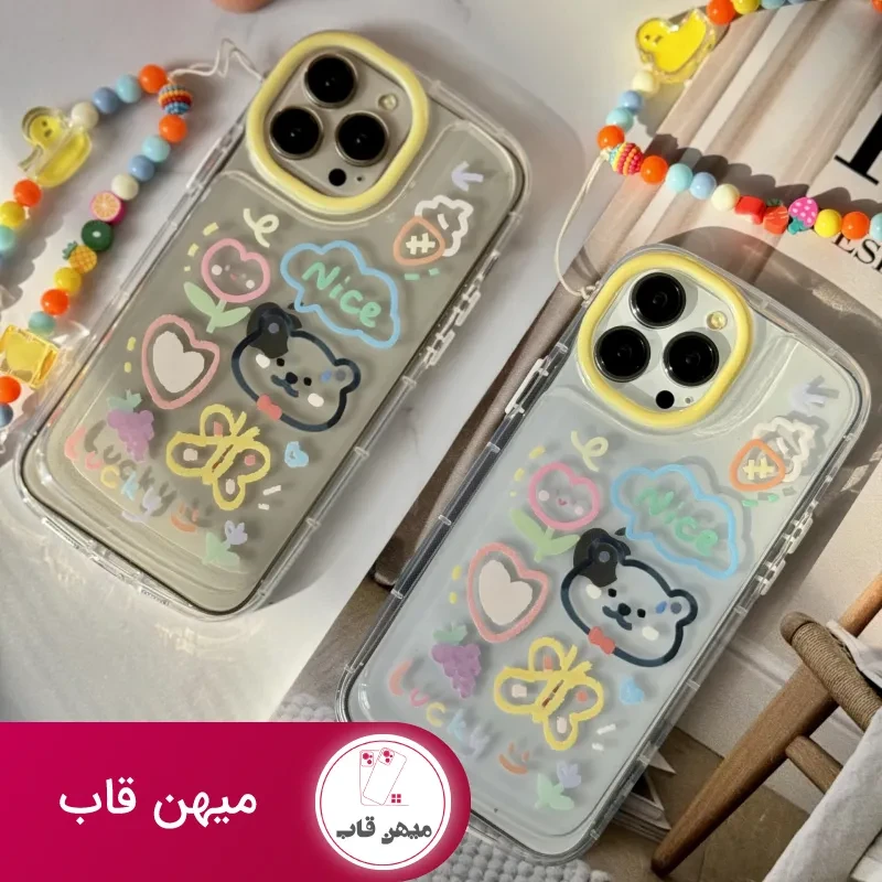 قاب موبایل آیفون خرس و پروانه نقاشی + بندست کوتاه