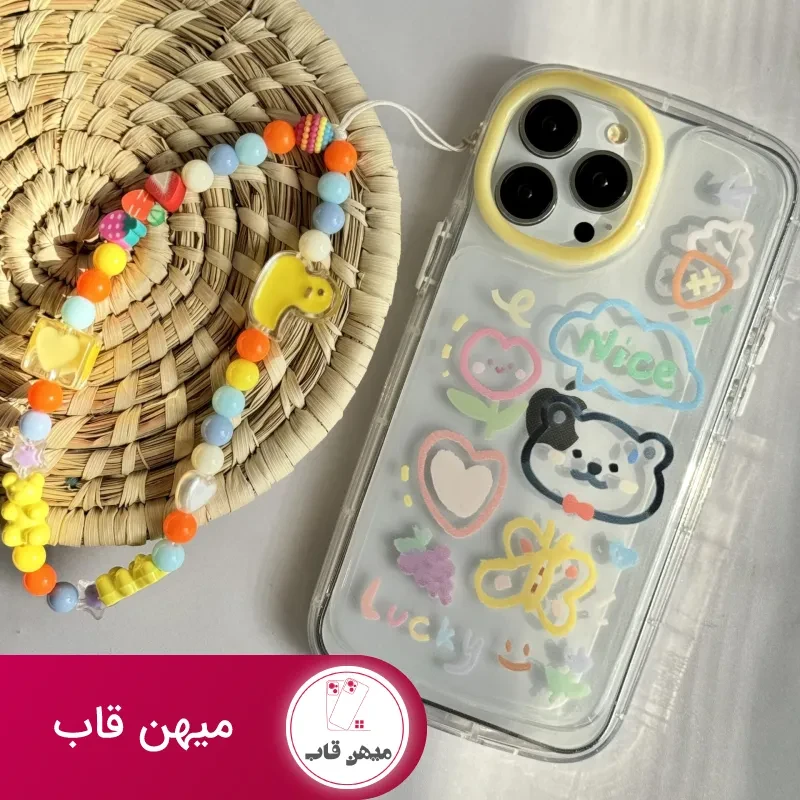 قاب موبایل آیفون خرس و پروانه نقاشی + بندست کوتاه