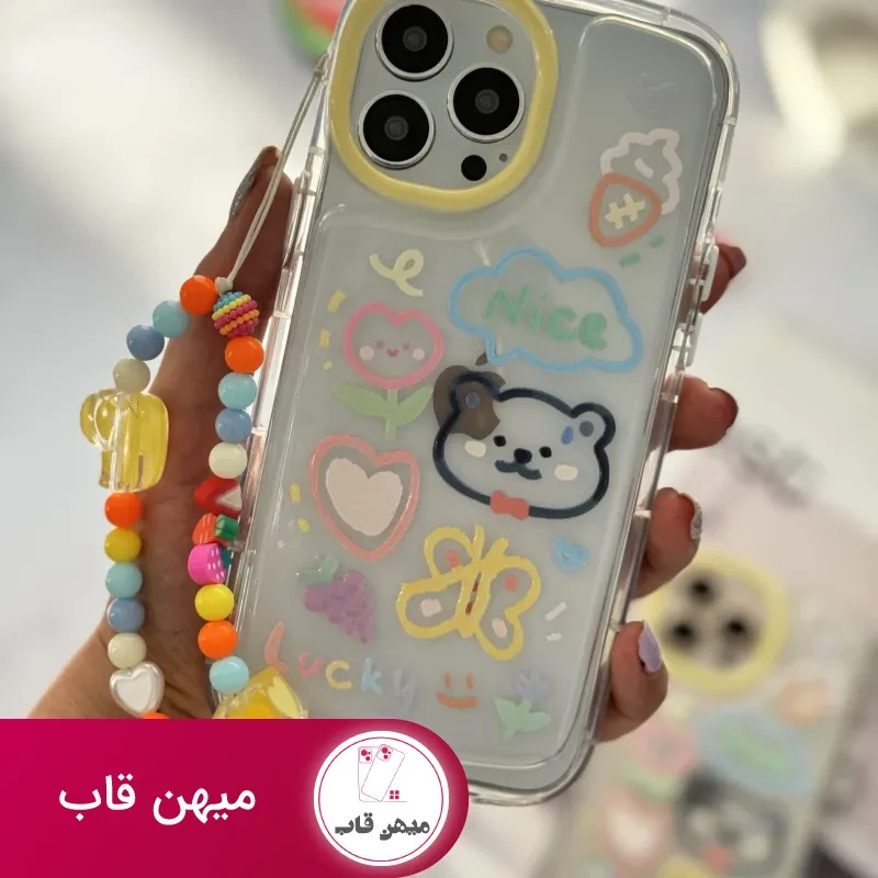 قاب موبایل آیفون خرس و پروانه نقاشی + بندست کوتاه