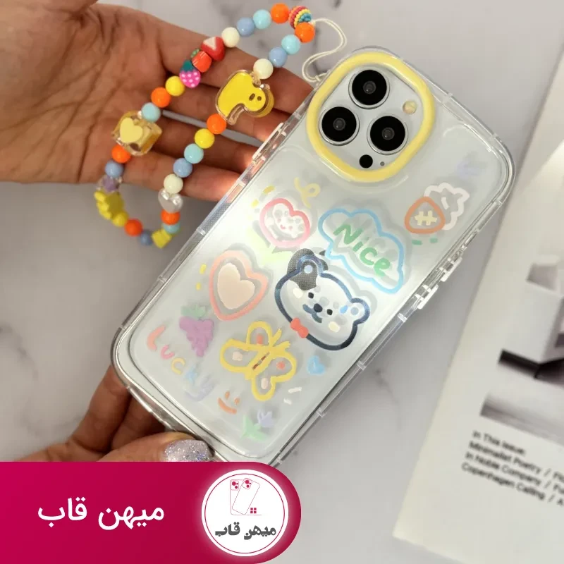 قاب موبایل آیفون خرس و پروانه نقاشی + بندست کوتاه