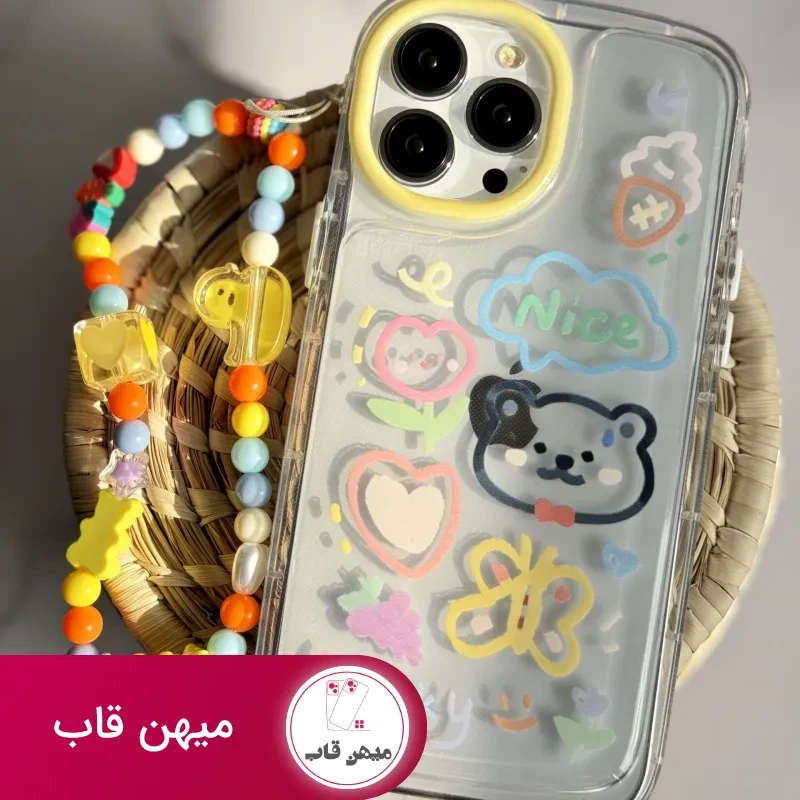 قاب موبایل آیفون خرس و پروانه نقاشی + بندست کوتاه