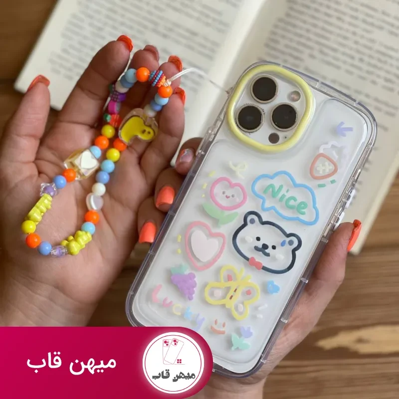 قاب موبایل آیفون خرس و پروانه نقاشی + بندست کوتاه