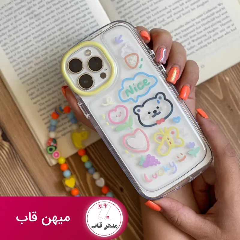 قاب موبایل آیفون خرس و پروانه نقاشی + بندست کوتاه