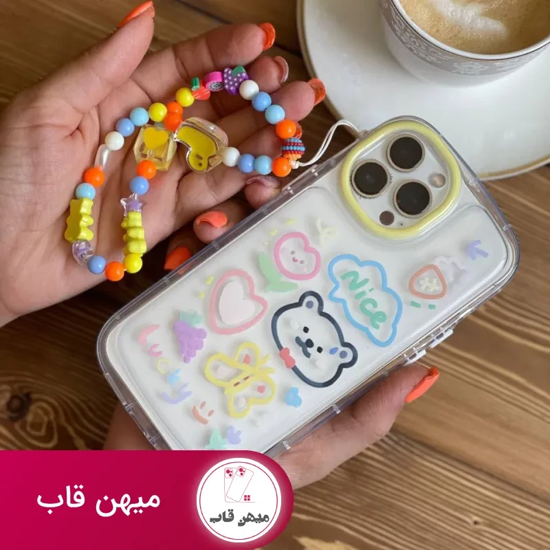 قاب موبایل آیفون خرس و پروانه نقاشی + بندست کوتاه