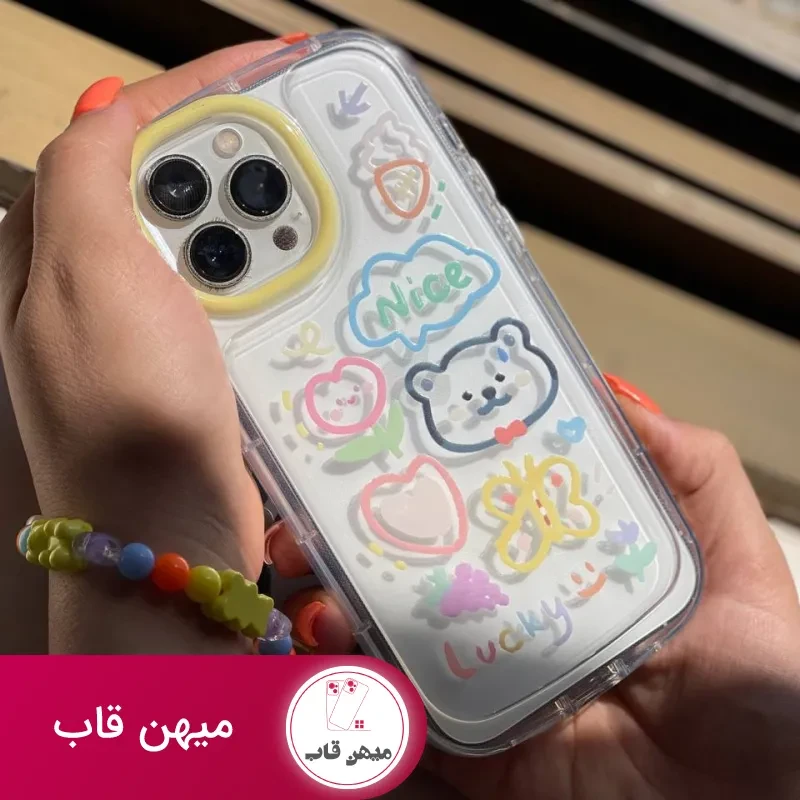 قاب موبایل آیفون خرس و پروانه نقاشی + بندست کوتاه