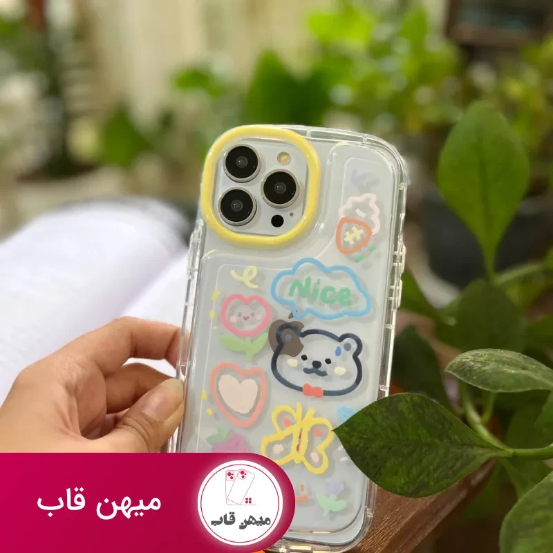 قاب موبایل آیفون خرس و پروانه نقاشی + بندست کوتاه