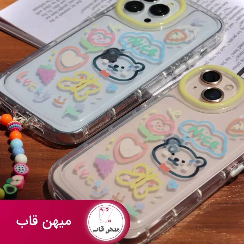 قاب موبایل آیفون خرس و پروانه نقاشی + بندست کوتاه