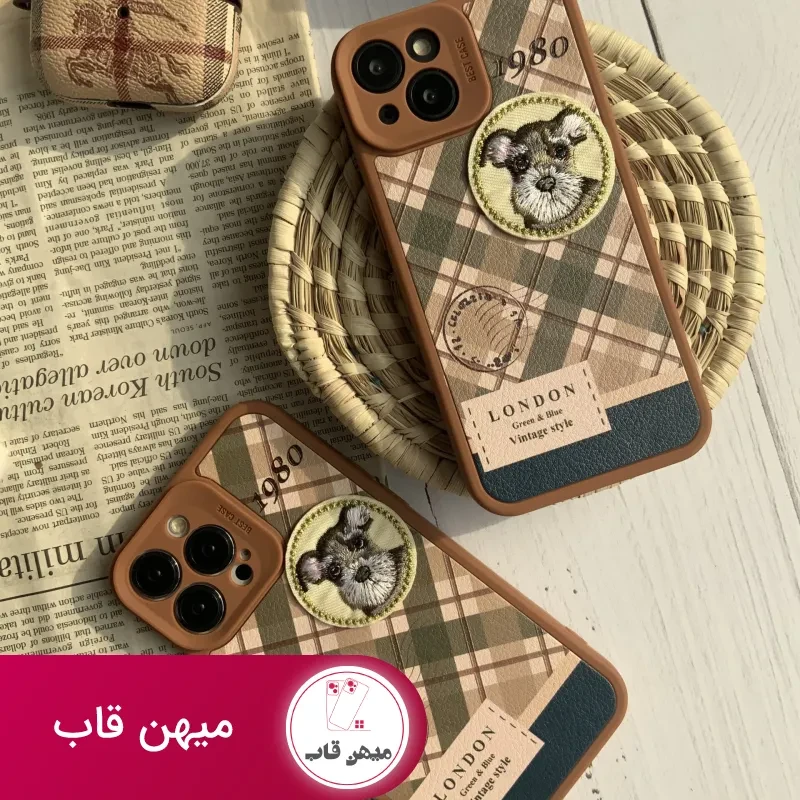 قاب موبایل آیفون باربری وینتیج استایل سگ قهوه ای محافظ لنزدار