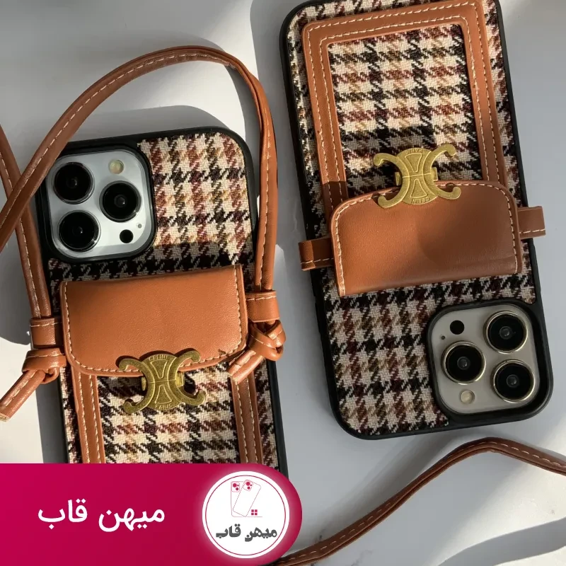 قاب موبایل آیفون پارچه ای و فلزی طرح باربری جاکارتی + بندست