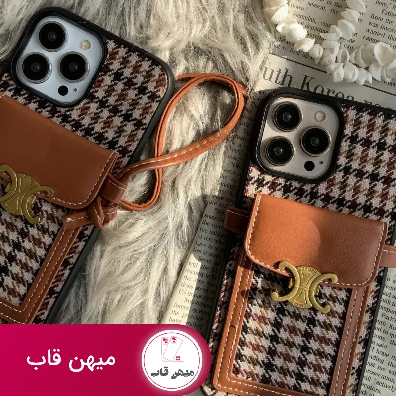 قاب موبایل آیفون پارچه ای و فلزی طرح باربری جاکارتی + بندست