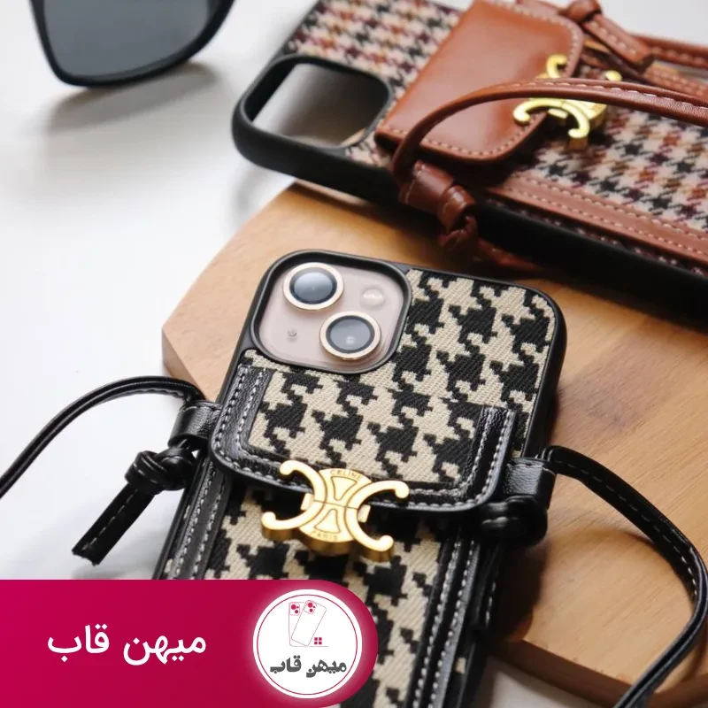 قاب موبایل آیفون پارچه ای و فلزی طرح باربری جاکارتی + بندست