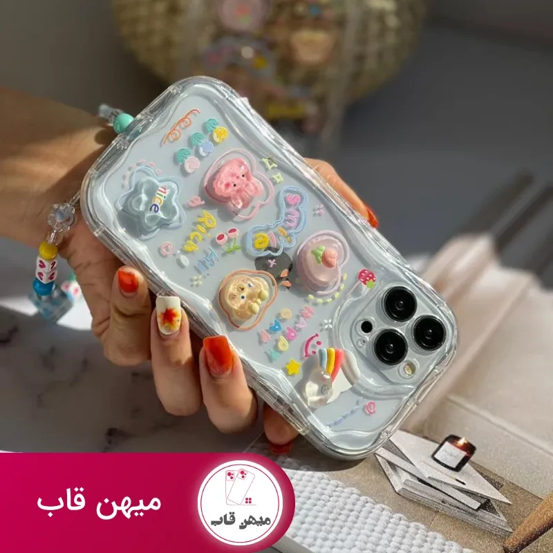 قاب موبایل آیفون اپوکسی بیرنگ روز شاد خرس و خرگوش برجسته + آویزست