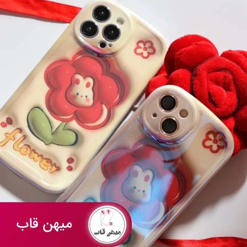 قاب موبایل آیفون فلاورز رزقرمز خرگوشی محافظ لنزدار