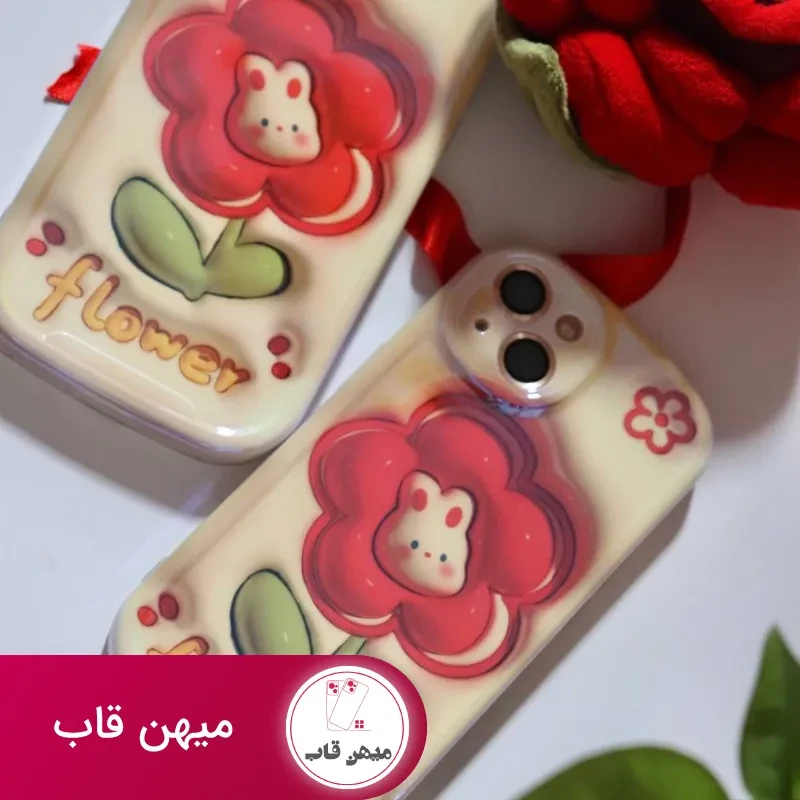 قاب موبایل آیفون فلاورز رزقرمز خرگوشی محافظ لنزدار