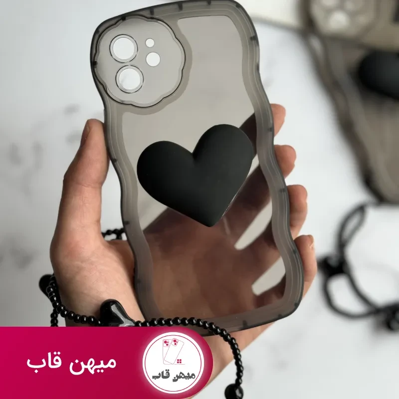 قاب موبایل آیفون تک قلب مشکی دودی + بندست قلبی