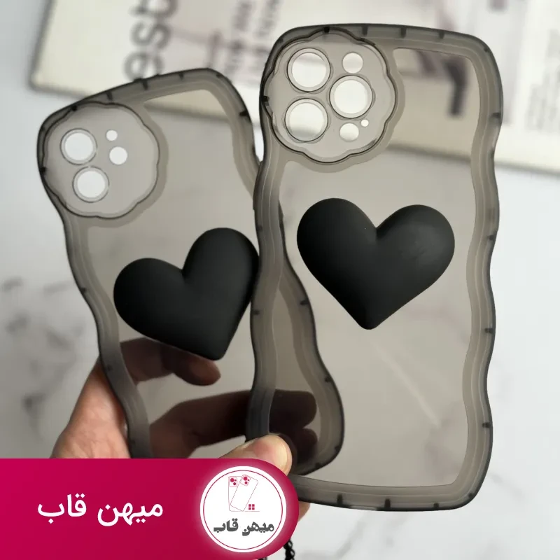 قاب موبایل آیفون تک قلب مشکی دودی + بندست قلبی