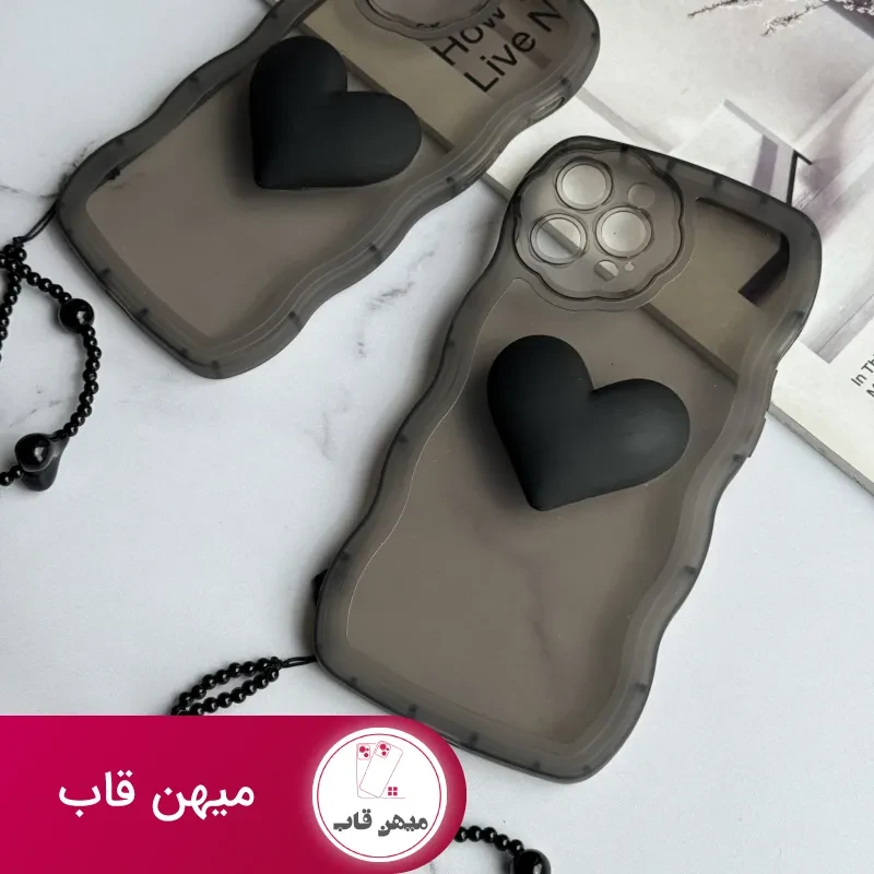 قاب موبایل آیفون تک قلب مشکی دودی + بندست قلبی