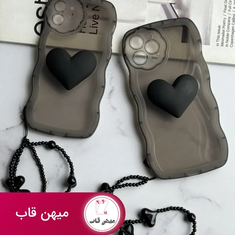 قاب موبایل آیفون تک قلب مشکی دودی + بندست قلبی