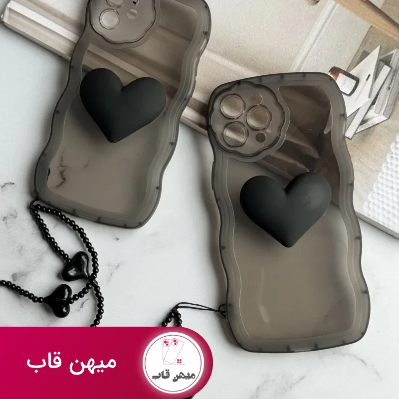 قاب موبایل آیفون تک قلب مشکی دودی + بندست قلبی
