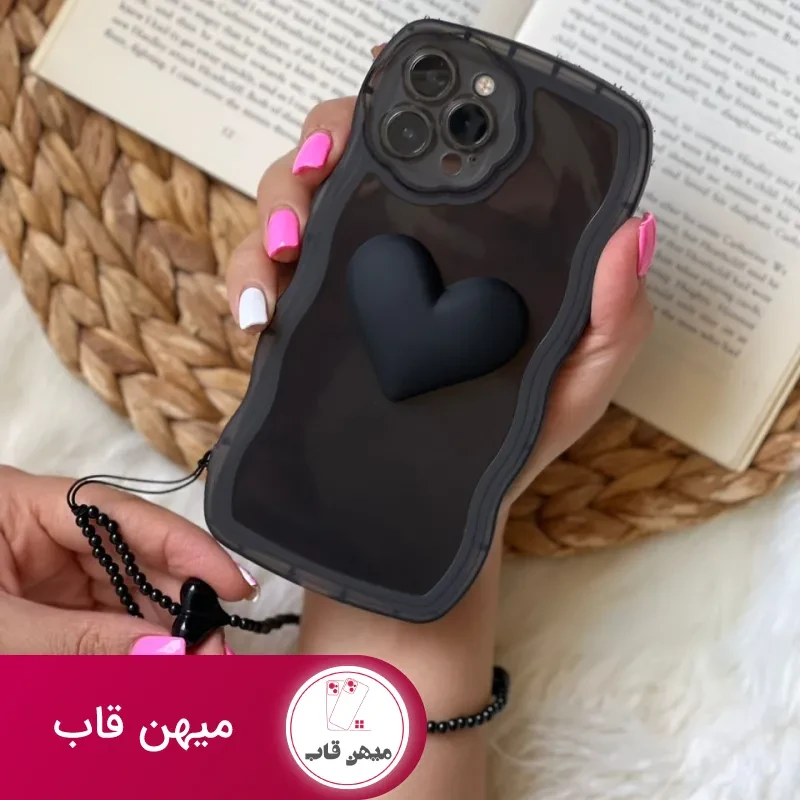 قاب موبایل آیفون تک قلب مشکی دودی + بندست قلبی