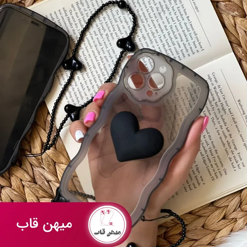قاب موبایل آیفون تک قلب مشکی دودی + بندست قلبی