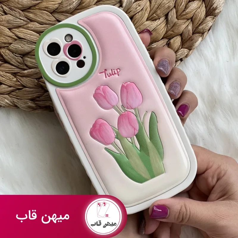 قاب موبایل آیفون گل لاله برجسته تولیپ صورتی