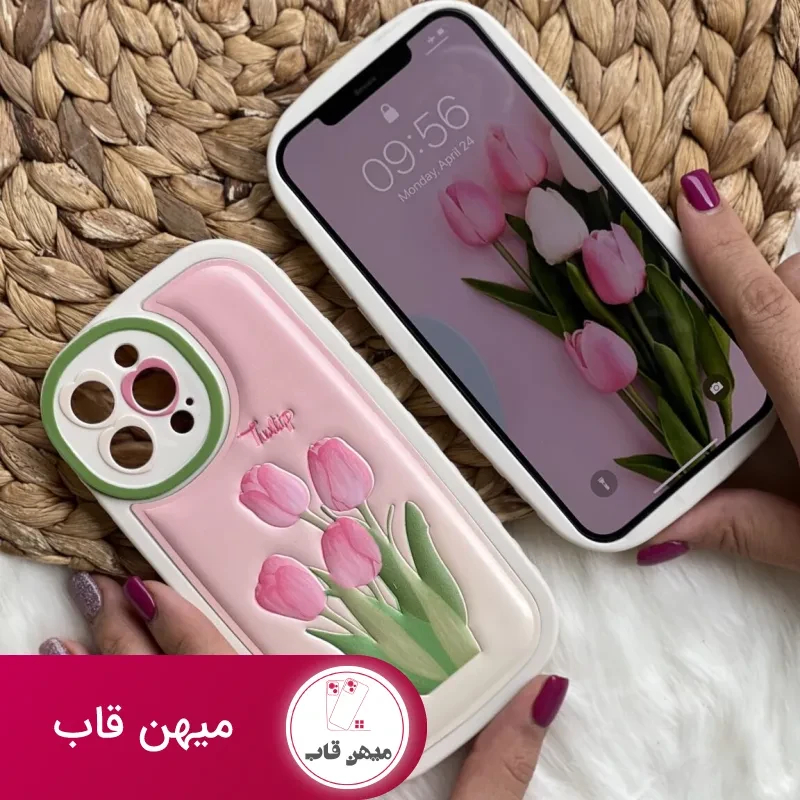 قاب موبایل آیفون گل لاله برجسته تولیپ صورتی