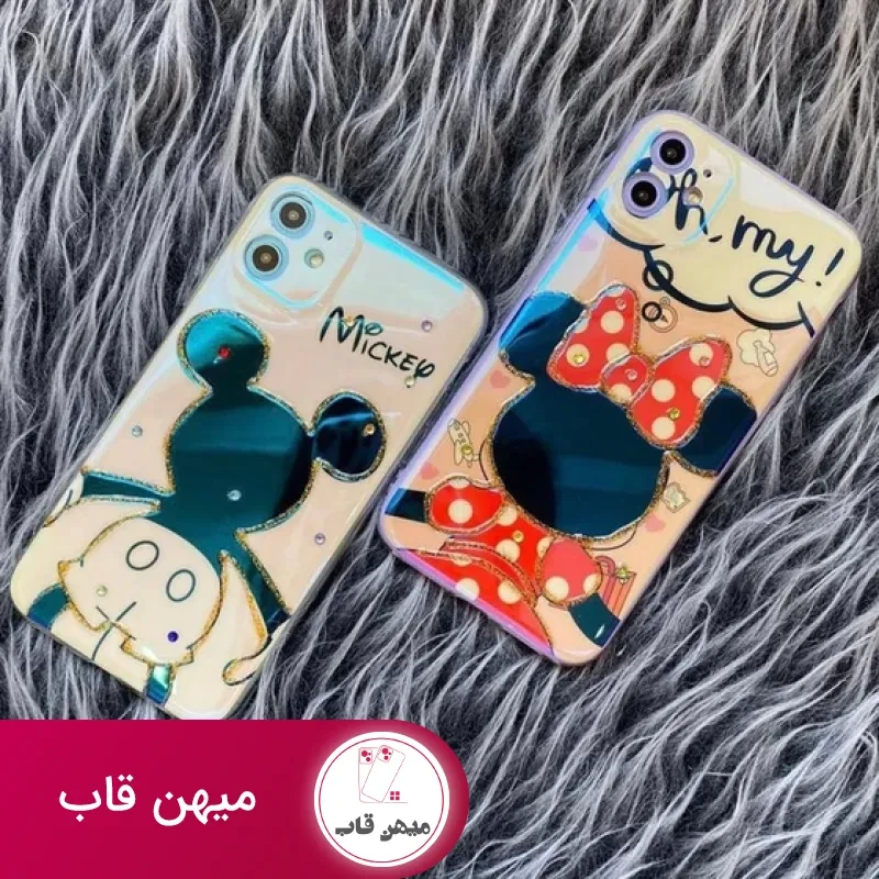 قاب موبایل آیفون میکی مینی نگین دار خط طلایی براق