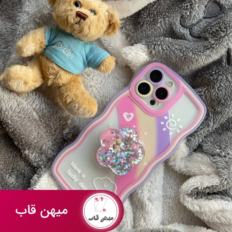 قاب موبایل آیفون ماه و ستاره و رنگین کمان خرسی + پاپ سوکت ستاره متحرک