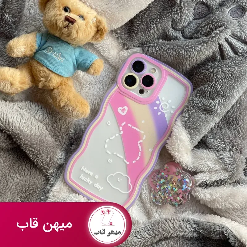 قاب موبایل آیفون ماه و ستاره و رنگین کمان خرسی + پاپ سوکت ستاره متحرک