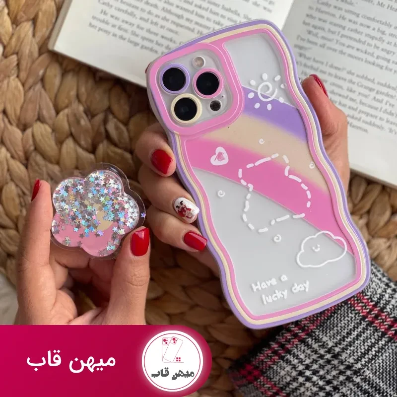 قاب موبایل آیفون ماه و ستاره و رنگین کمان خرسی + پاپ سوکت ستاره متحرک