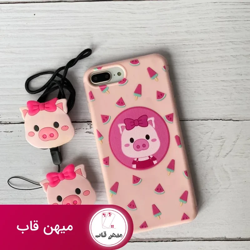 قاب موبایل آیفون خوک هندونه صورتی + پاپ سوکت و بند