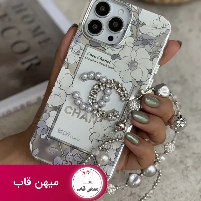 قاب موبایل آیفون شنل گل اسپرینگ تایم نگین مروارید + بند ست