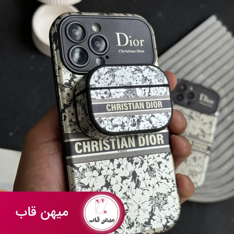 قاب موبایل آیفون دیور گلدار نقره ای محافظ لنزدار