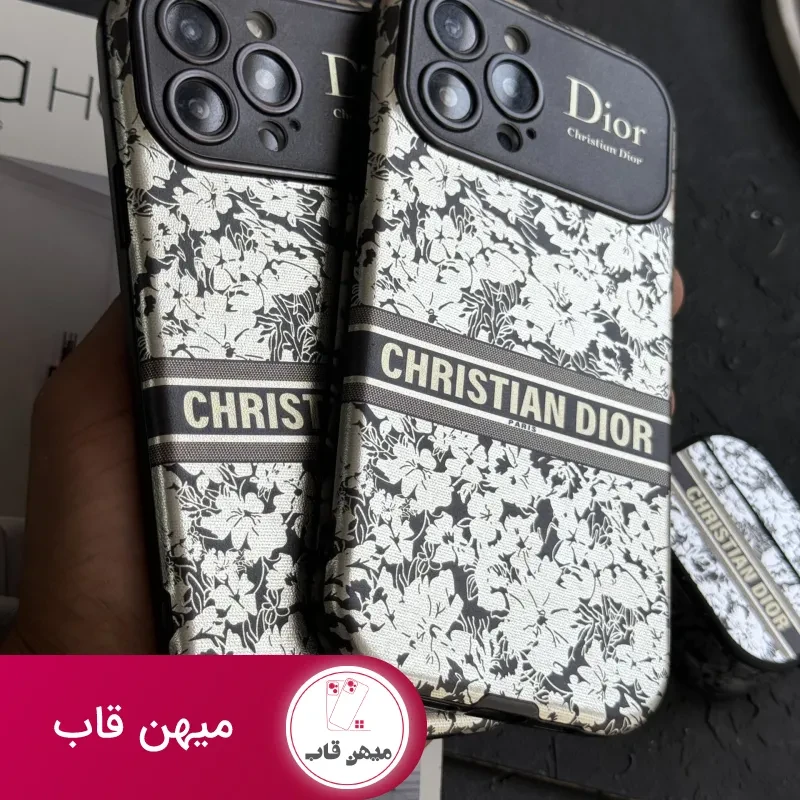 قاب موبایل آیفون دیور گلدار نقره ای محافظ لنزدار