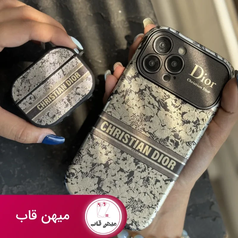 قاب موبایل آیفون دیور گلدار نقره ای محافظ لنزدار